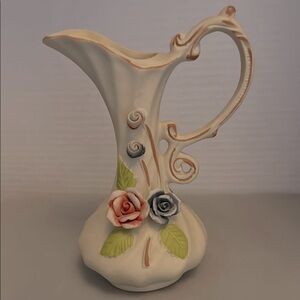 Vintage Flambro Porcelain Embossed Handpainted Cream Pitcher Vase Floral Design